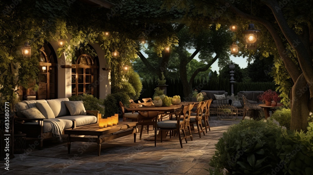An outdoor patio area adorned with comfortable furniture, surrounded by lush greenery and soft ambient lighting.