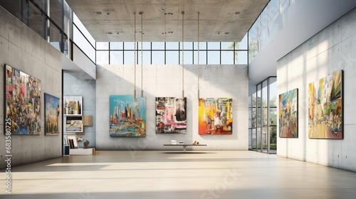An avant-garde art gallery exhibiting captivating artworks against a backdrop of modern architectural design. photo