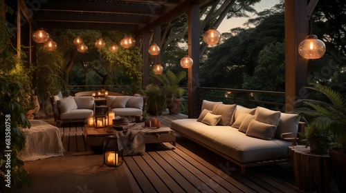An outdoor patio area adorned with comfortable furniture  surrounded by lush greenery and soft ambient lighting.