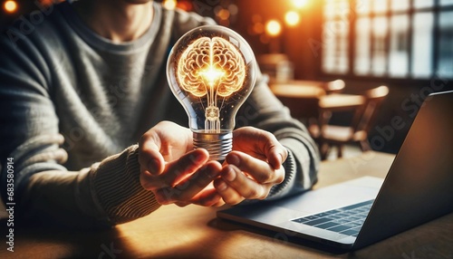 Creative idea, brainstorming and innovation concept with brain light bulb photo