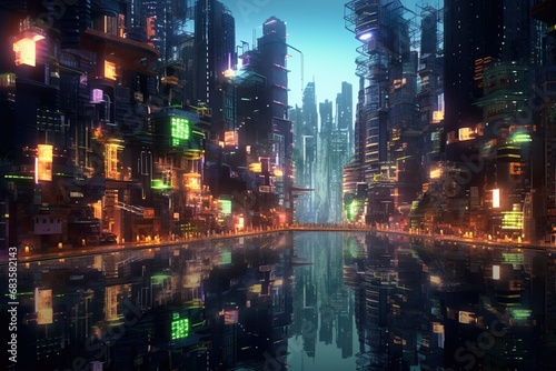 Futuristic Holographic Glowing Smart City Dystopia using generative AI 