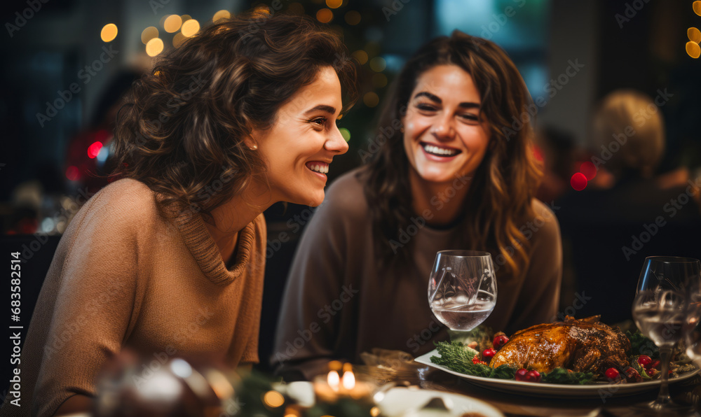 Two girls gossip, chat and laugh heartily in a restaurant against the background of a cozy festive interior. Sincere female friendship