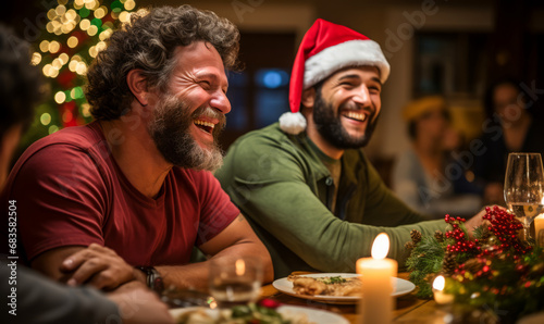 Two friends talking, eating and sincerely laughing during a christmas dinner in the pub. Two men are sitting in a cozy atmosphere and having fun photo