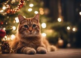 A cat in a Santa Claus hat and a bow on his neck sits under the New Year's tree among New Year's gifts