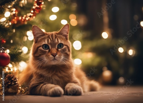 A cat in a Santa Claus hat and a bow on his neck sits under the New Year's tree among New Year's gifts