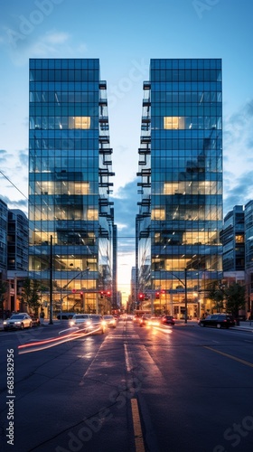 A wide-angle shot showcasing an entire block of interconnected glass-fronted office buildings.