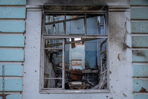 Izyum, Ukraine - November 10, 2023, everything inside the building burned down, only the walls remained photo