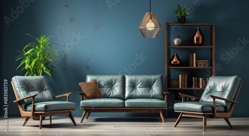 Dark blue sofa and recliner chair in scandinavian apartment. Interior design of modern living room
