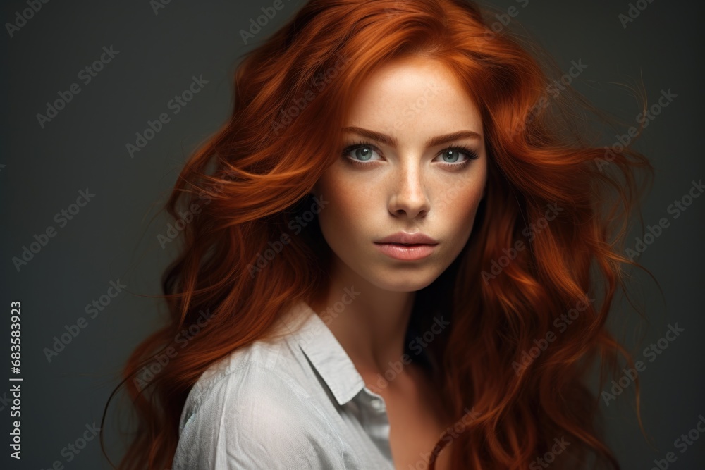 Fototapeta premium a macro close-up studio fashion portrait of a face of a young redhead woman with perfect skin, red hair and immaculate make-up. Skin beauty and hormonal female health concept