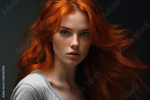 a macro close-up studio fashion portrait of a face of a young redhead woman with perfect skin, red hair and immaculate make-up. Skin beauty and hormonal female health concept