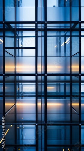 An architectural detail shot focusing on the seamless integration of glass and metal in a modern office building.