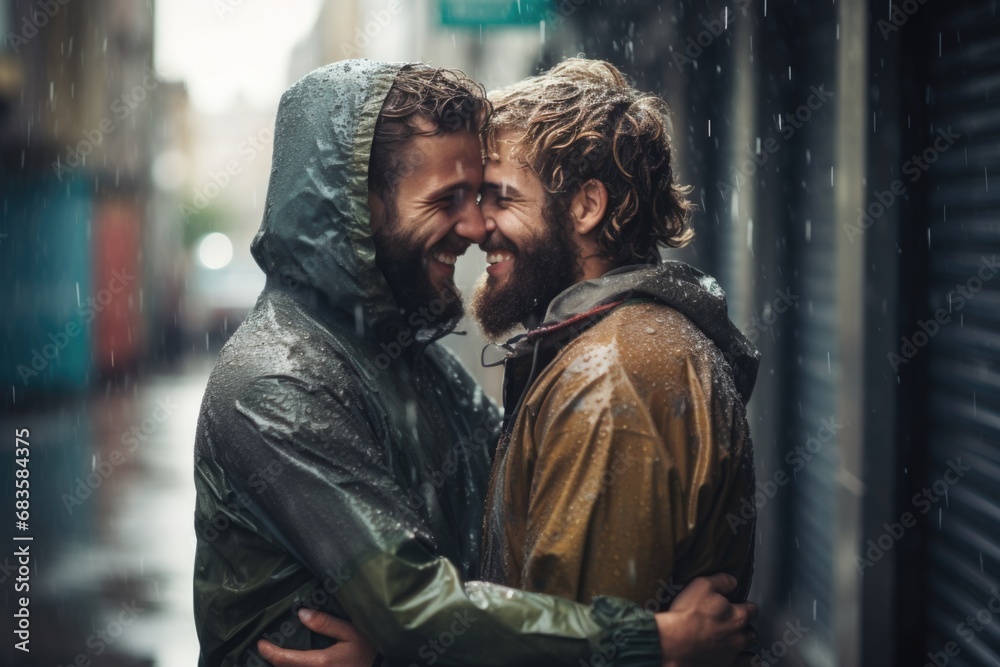 Gay couple cuddling and laughing in front of brick wall Gay couple cuddling and laughing in front of brick wall