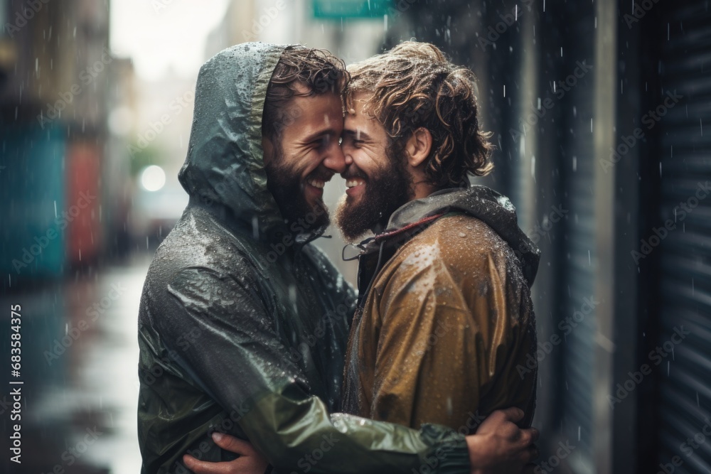 Gay couple cuddling and laughing in front of brick wall