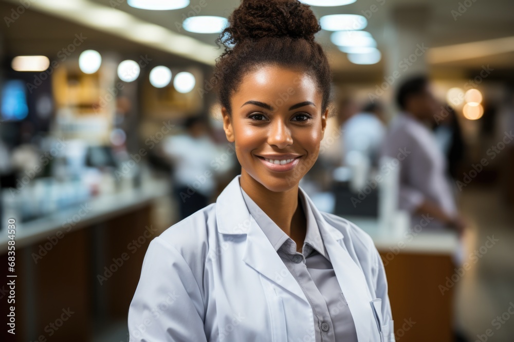 Smiling woman pharmacist or Chemist Writing On Clipboard While standing in interior of pharmacy Smiling woman pharmacist or Chemist Writing On Clipboard While standing in interior of pharmacy