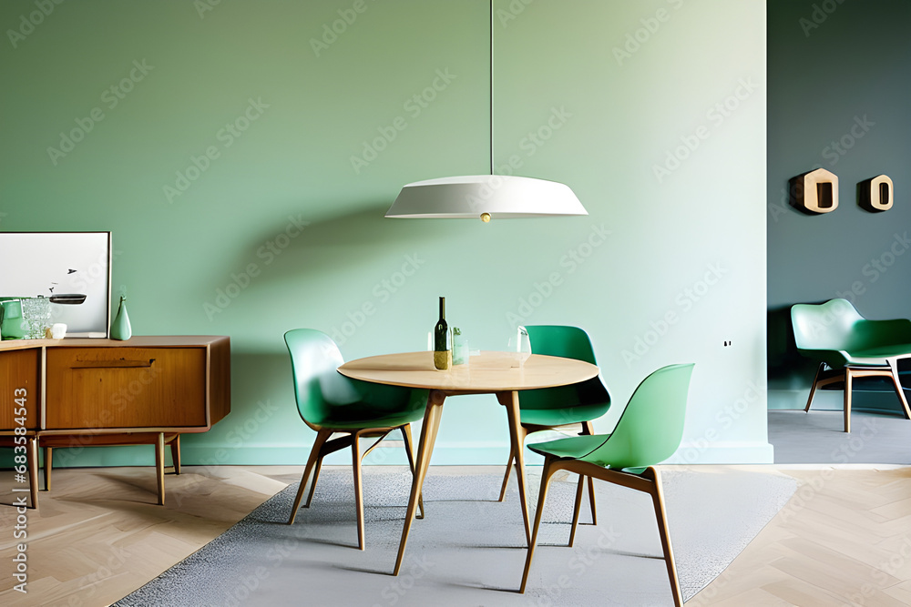Naklejka premium Mint color chairs at round wooden dining table in room with sofa and cabinet near green wall. Scandinavian, mid-century home interior design of modern living room. Generative AI