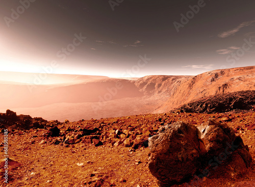 Fotobehang Mars: a barren landscape with a rocky desert under the cosmic sky