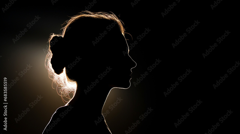 Visage d'une jolie femme de profil dans le noir. Femme, silhouette, gros plan, sur fond noir. Pour conception et création graphique