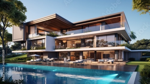 3d rendering of modern house by the river at morning, house, luxury, villa, modern, architecture, building, exterior, residential, property, designer © pinkrabbit
