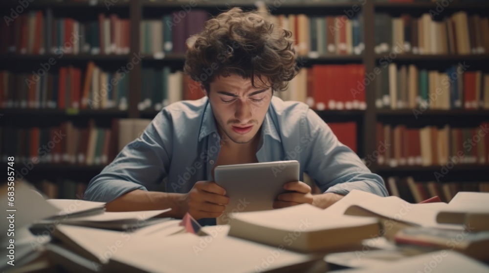 student man have anxiety because of exams, male prepare for test and learning lessons in the library. stress, despair, haste, misunderstanding reading, discouraged, expectation, knowledge, tired