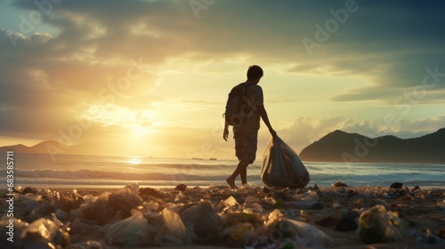 Save water. Volunteer pick up trash garbage at the beach and plastic bottles are difficult decompose prevent harm aquatic life. Earth, Environment, Greening planet, reduce global warming, Save world photo