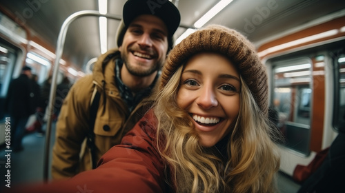 Happy smiling couple making selfie in a train, ai generated © Alona