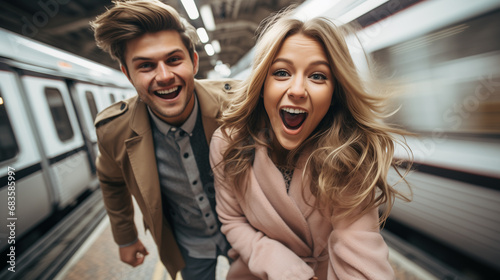 Happy smiling couple making selfie in a train, ai generated