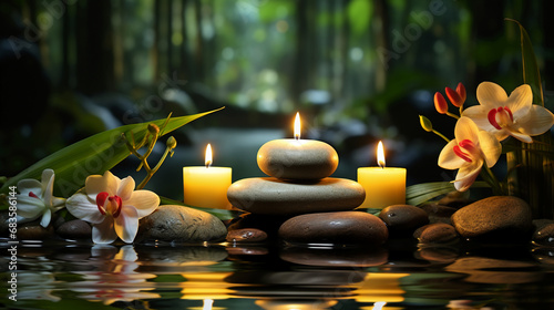 the surface of the water is reflected by the color of candles and flowers which is towards yellow and green. AI generative