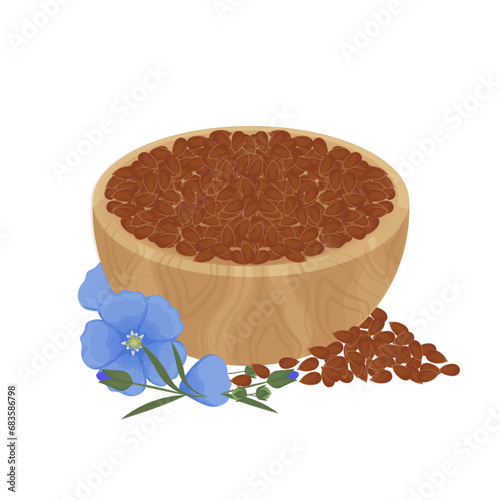 Vector illustration logo Flax seeds in a wooden bowl