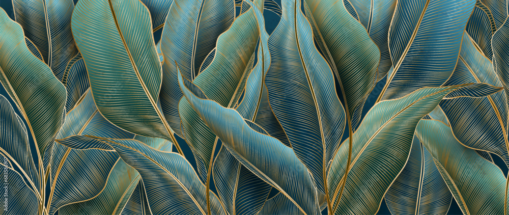 Abstract luxury dark art background with hand drawn palm leaves in golden line style. Botanical banner with tropical plants for wallpaper, decor, packaging, print, interior design - obrazy, fototapety, plakaty 