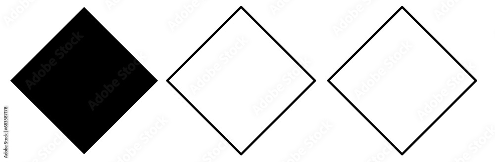 Collection of three diamonds on transparent background. isolated set of rhombi . 3 different squares.