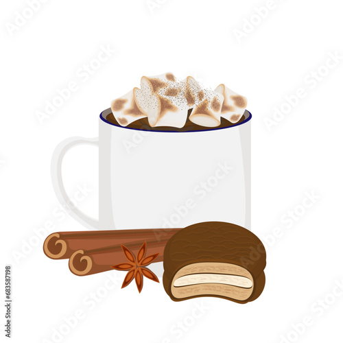 Hot chocolate cocoa drink cinnamon and choco pie topping with marshmallow 