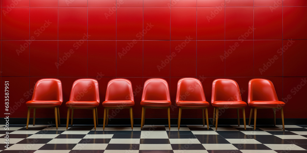 Fototapeta premium Red chairs pop in an empty hall with a checkered floor and warm, wooden wall background