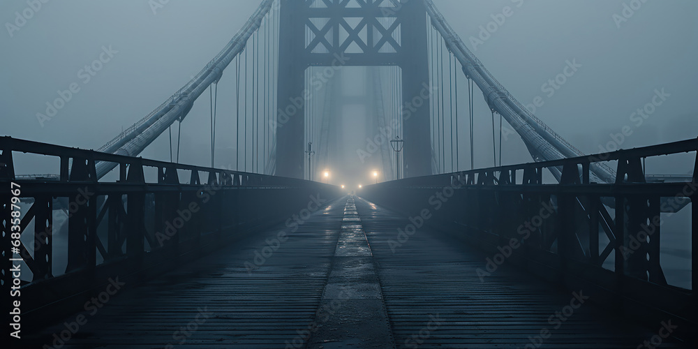 The eerie silhouette of a suspension bridge emerges through dense fog and rain