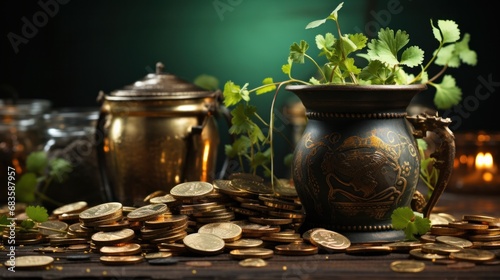 St.Patrick 's Day. Barrel with coins and clover and a pile of gold coins .