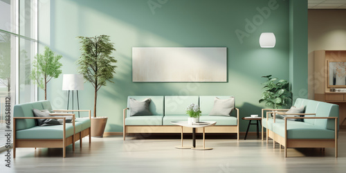 The inviting interior of a hospital waiting room  featuring modern design and soft green tones