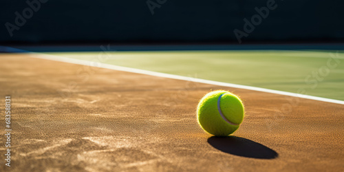 Solitary tennis ball rests on the vibrant green surface of a sunlit tennis court photo
