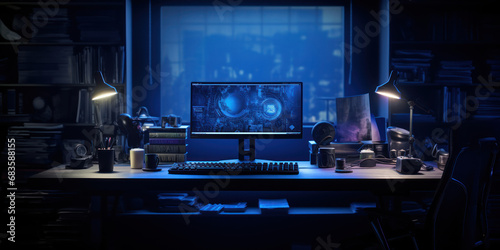 Single desk and monitor stand out in a room shrouded in deep, midnight blue