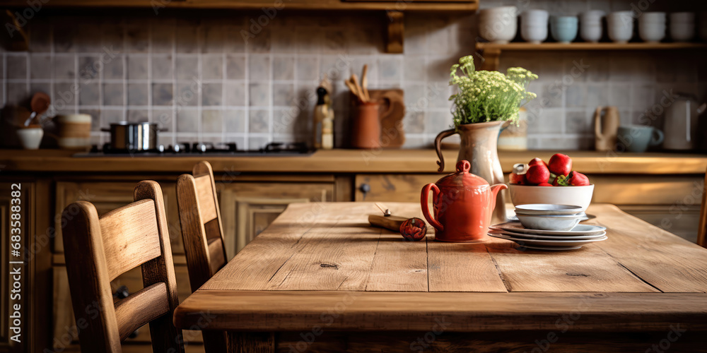 Sturdy wooden table set against the backdrop of a rustic, country kitchen