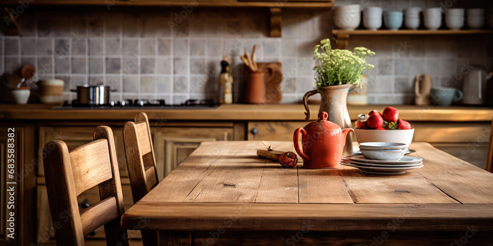 Sturdy wooden table set against the backdrop of a rustic, country kitchen Sturdy wooden table set against the backdrop of a rustic, country kitchen