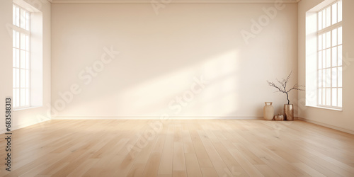 Spacious empty room with polished wooden flooring  walls bathed in a warm cream hue