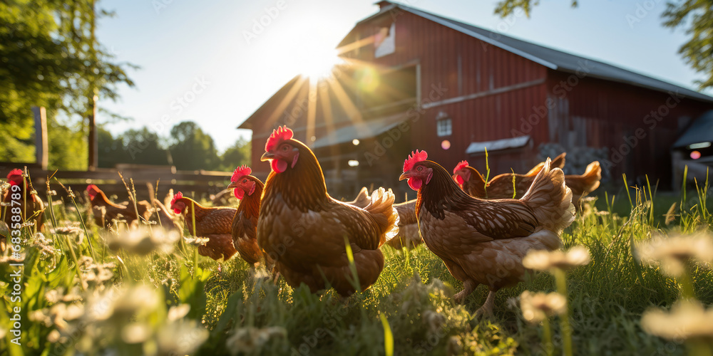 Group of chickens enjoys the warm sunshine, grazing near an old barn on a pastoral farm - obrazy, fototapety, plakaty 
