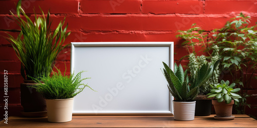 Blank frame surrounded by vibrant green plants  set against a backdrop of rustic brick red