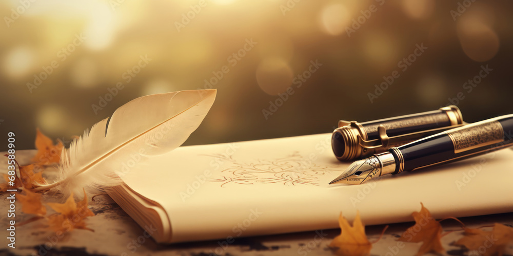 The elegance of a fountain pen lying on an antique paper, hinting at the start of a story - obrazy, fototapety, plakaty 