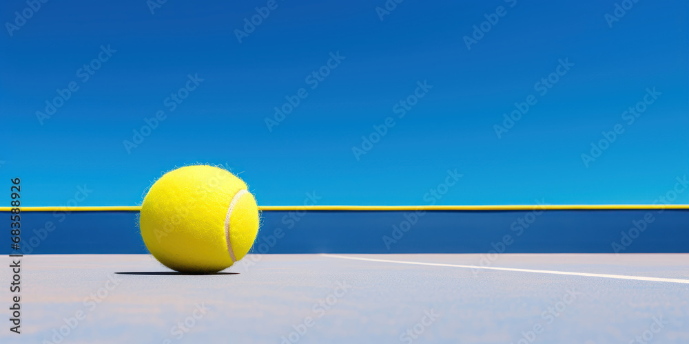 The bright yellow of a tennis ball contrasts sharply with the deep blue of the court under a clear sky