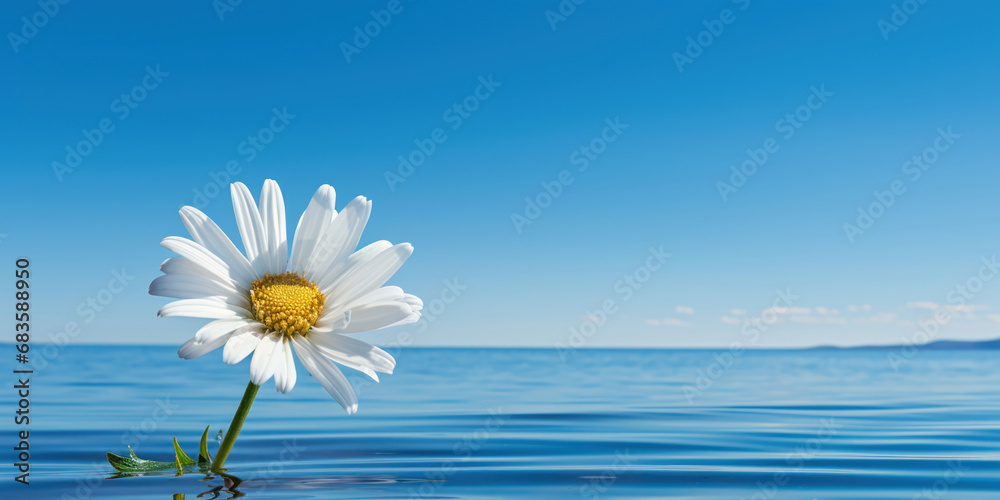 The bright white of a daisy stands out, sunlit against the deep blue of the ocean The bright white of a daisy stands out, sunlit against the deep blue of the ocean