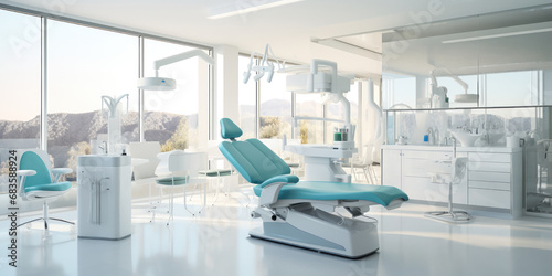 The professional setting of a dentist room, accented by clean, white walls and advanced dental equipment