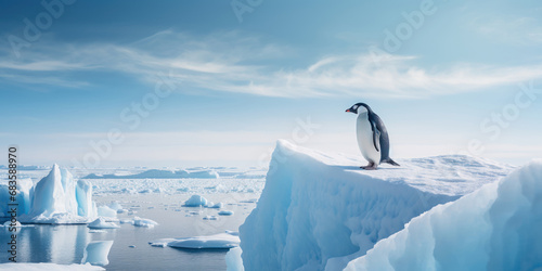 Solitary penguin on an iceberg, with a backdrop of a snowy Antarctic landscape photo
