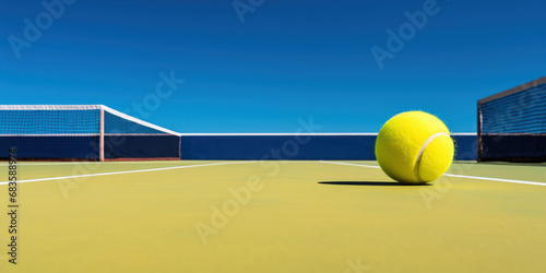 The bright yellow of a tennis ball contrasts sharply with the deep blue of the court under a clear sky © Putra