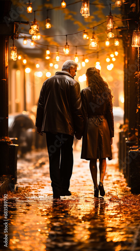 A couple walks along an alley in the night lights. back view.vintage style illustration.golden lighting, holiday illumination