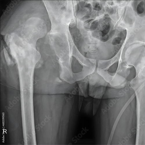 X-ray image revealing a hip joint dislocation, showcasing the displacement of the femoral head from its normal position within the acetabulum. photo